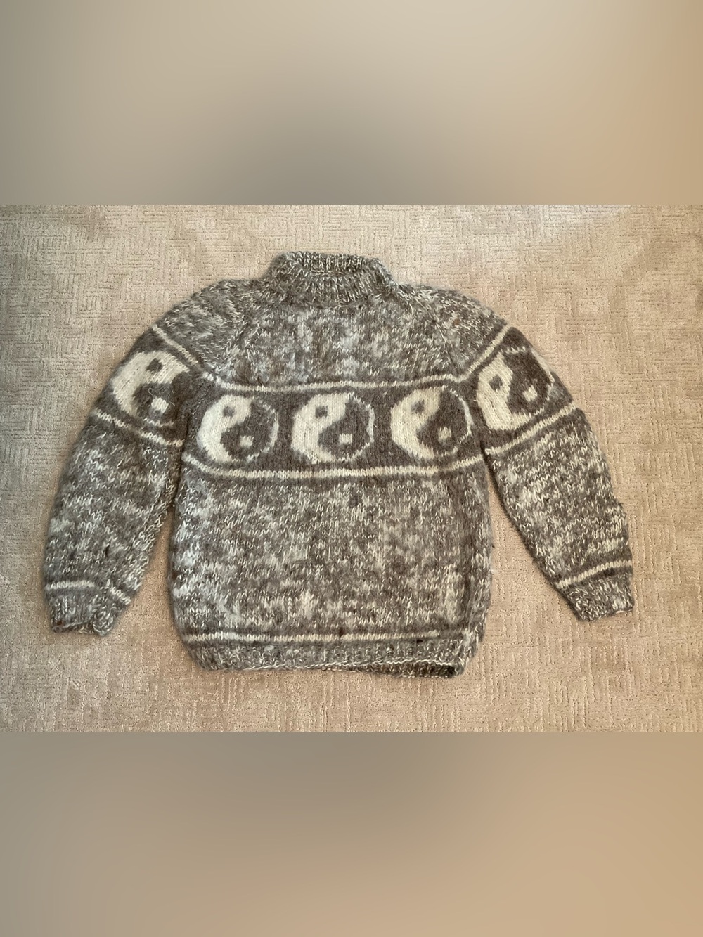 🤎Handmade Wool Sweater Unisex Brown Cream Yin Yang XL EUC Boho Timeless Outdoors